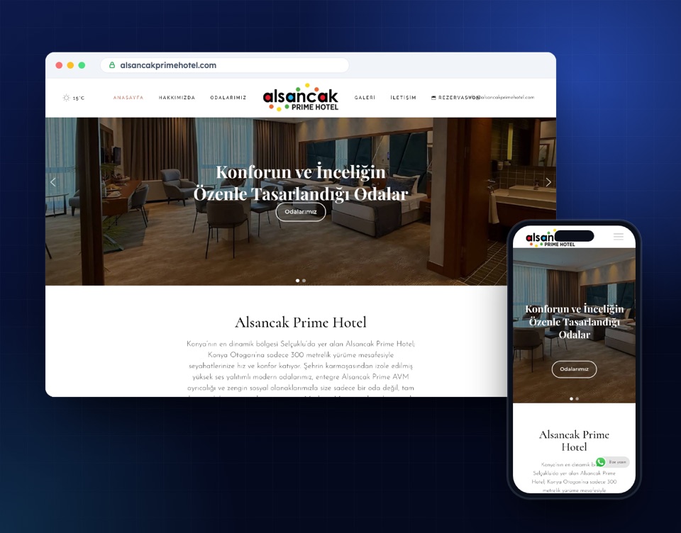 alsancakprimehotel.com web sitesinin masaüstü ve mobil görünümü