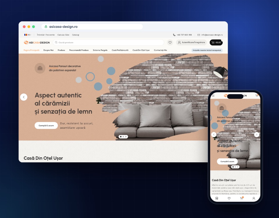 asicasa-design.ro web sitesinin masaüstü ve mobil görünümü