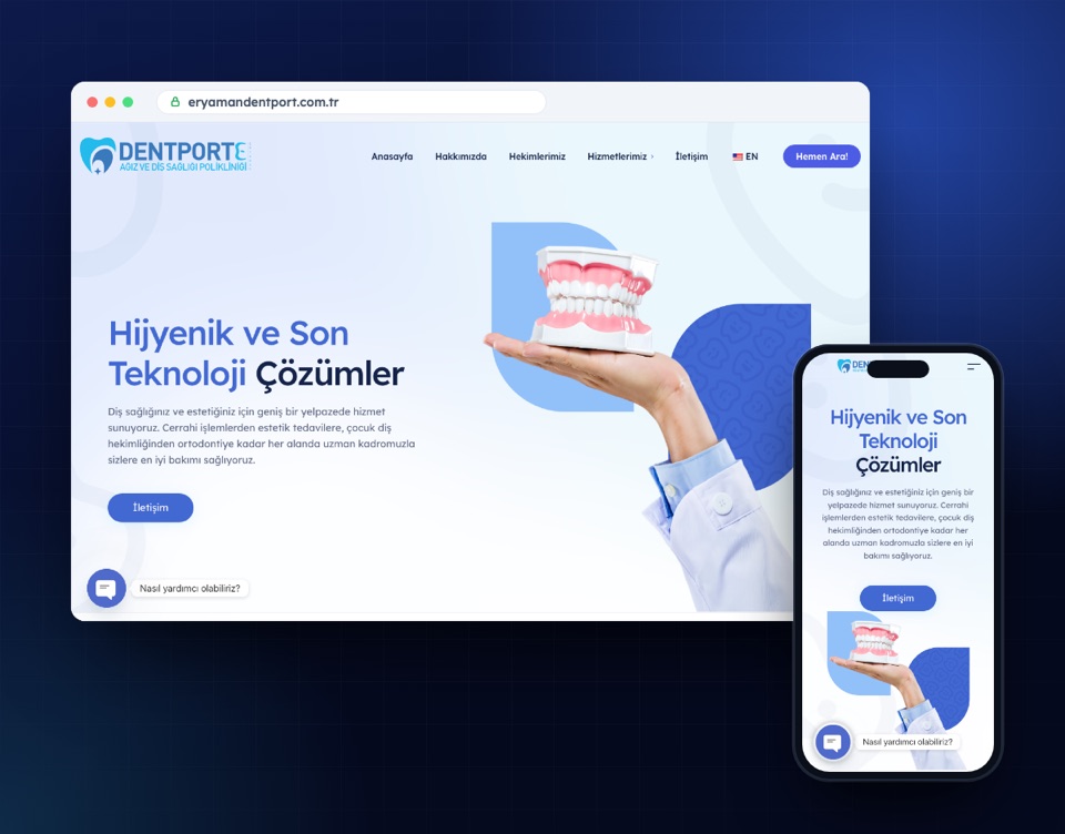 eryamandentport.com.tr web sitesinin masaüstü ve mobil görünümü