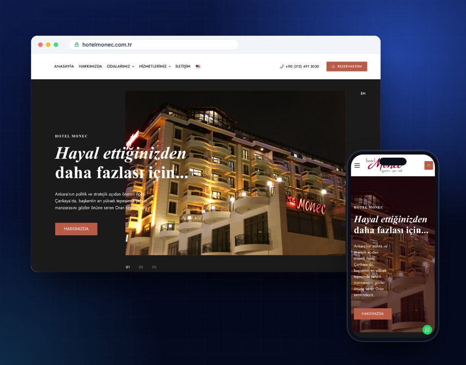 hotelmonec.com.tr web sitesinin masaüstü ve mobil görünümü