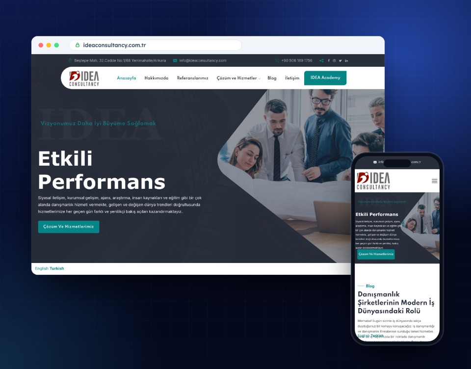 ideaconsultancy.com.tr web sitesinin masaüstü ve mobil görünümü