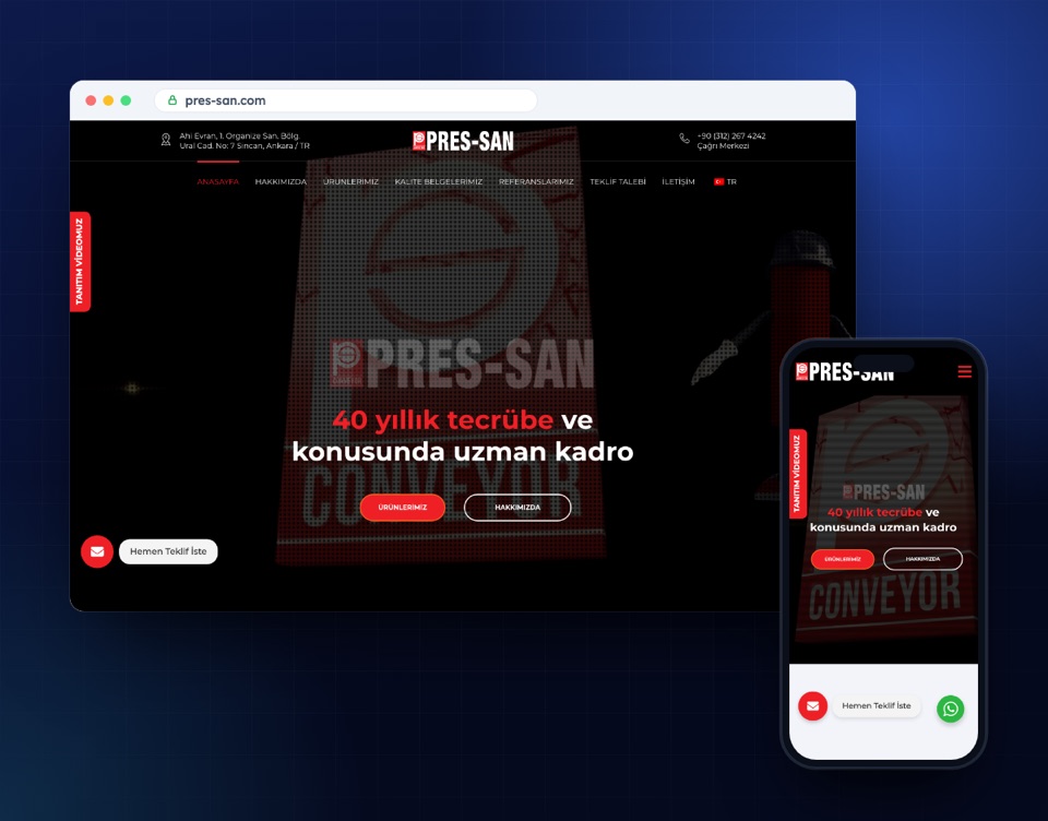 pres-san.com web sitesinin masaüstü ve mobil görünümü