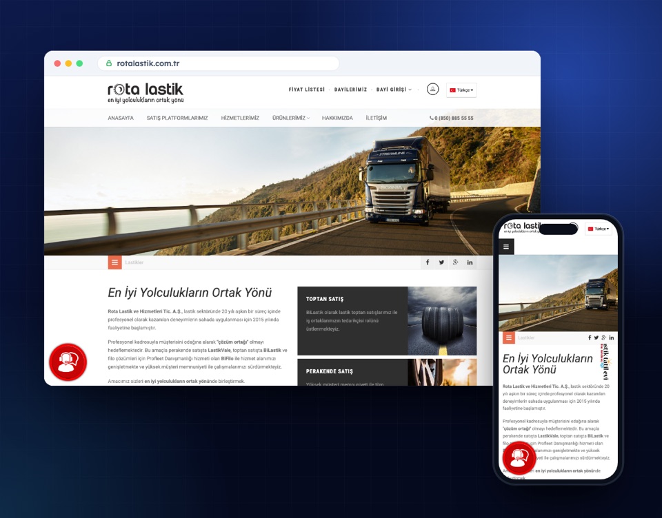 rotalastik.com.tr web sitesinin masaüstü ve mobil görünümü