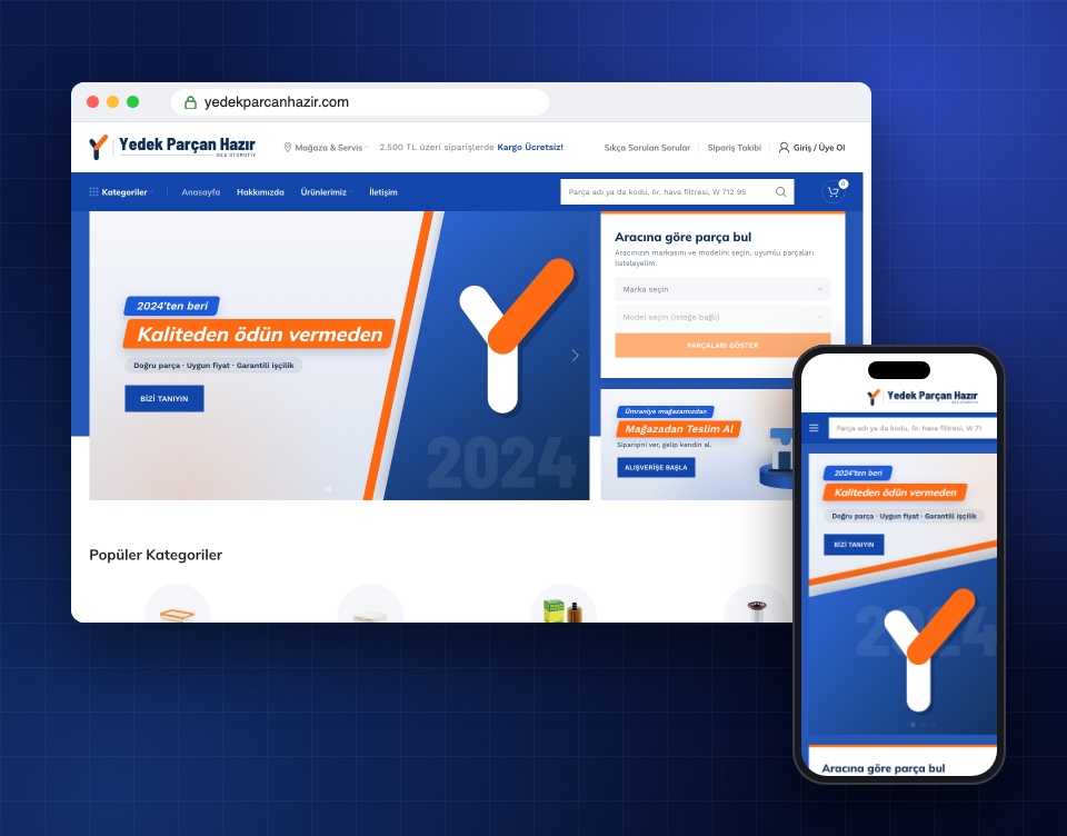 yedekparcanhazir.com web sitesinin masaüstü ve mobil görünümü